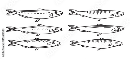 sea fish, sprat, herring, mackerel, little fish doodle hand drawn icon. Outline drawing sea fish, herring, mackerel, little fish line clipart symbol