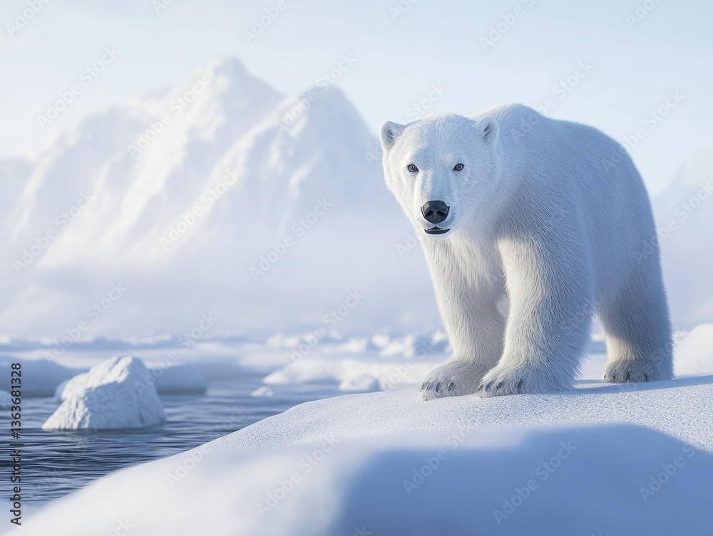 A majestic Arctic bear stands tall against a breathtaking ice landscape. A majestic Arctic bear stands tall against a breathtaking ice landscape.