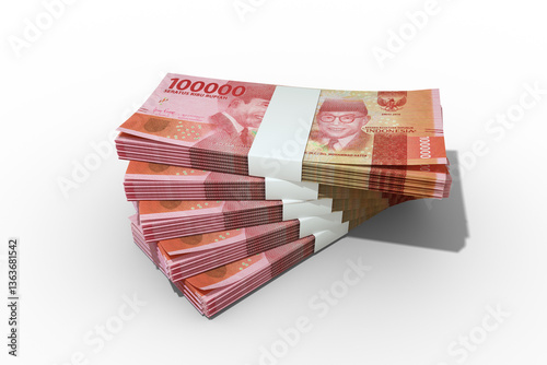 3d rendering of Stack of Indonesian rupiah notes. Few bundles of indonesia currency isolated on white background	