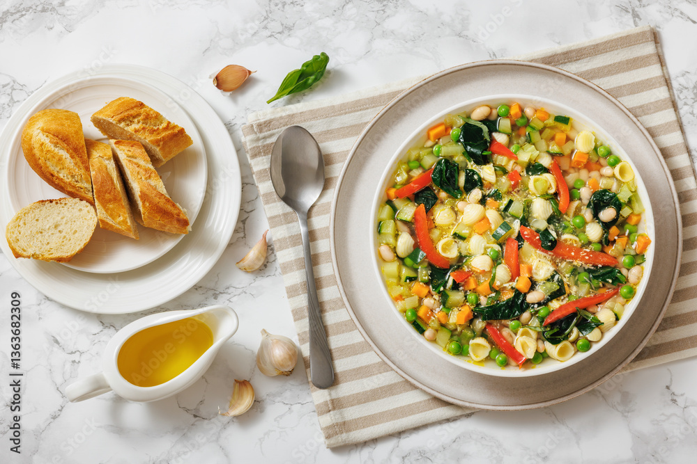 Vegetarian Minestrone with in white bowl, top view Vegetarian Minestrone with in white bowl, top view