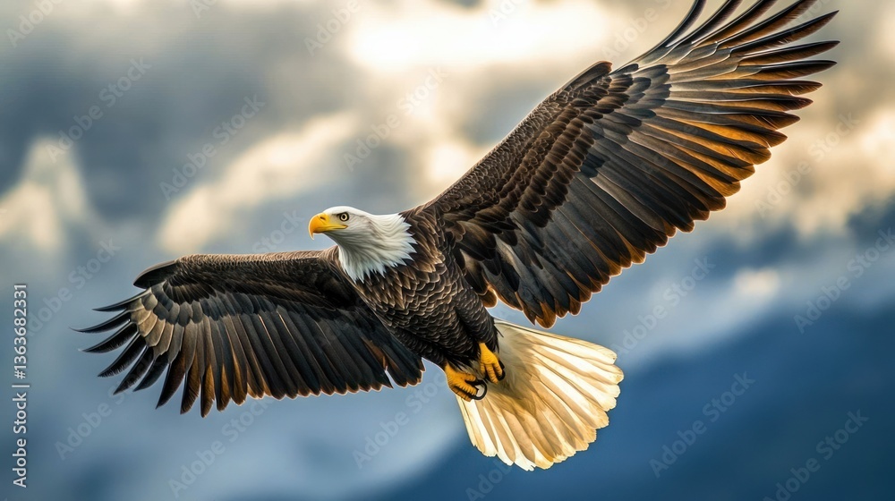 Obraz premium Majestic bald eagle soars high above, wings spread against cloudy sky backdrop