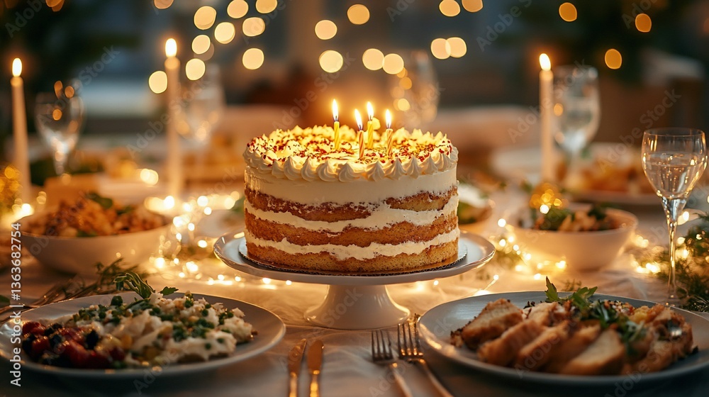 Festive cake surrounded by dishes, candles, lights, creating warm ambiance Festive cake surrounded by dishes, candles, lights, creating warm ambiance