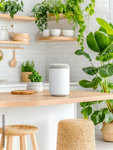 Modern kitchen island with smart speaker, abundant potted plants, and minimalist decor