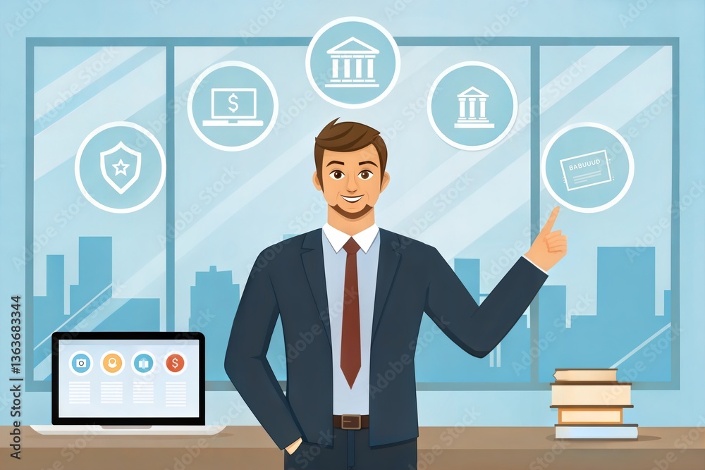 Lawyer pointing at virtual law icons for business legal advice. Legal consultation, attorney services, and business law concept. (Law) Lawyer pointing at virtual law icons for business legal advice. Legal consultation, attorney services, and business law concept. (Law)