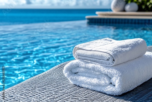 Close up of white towels next to a swimming pool