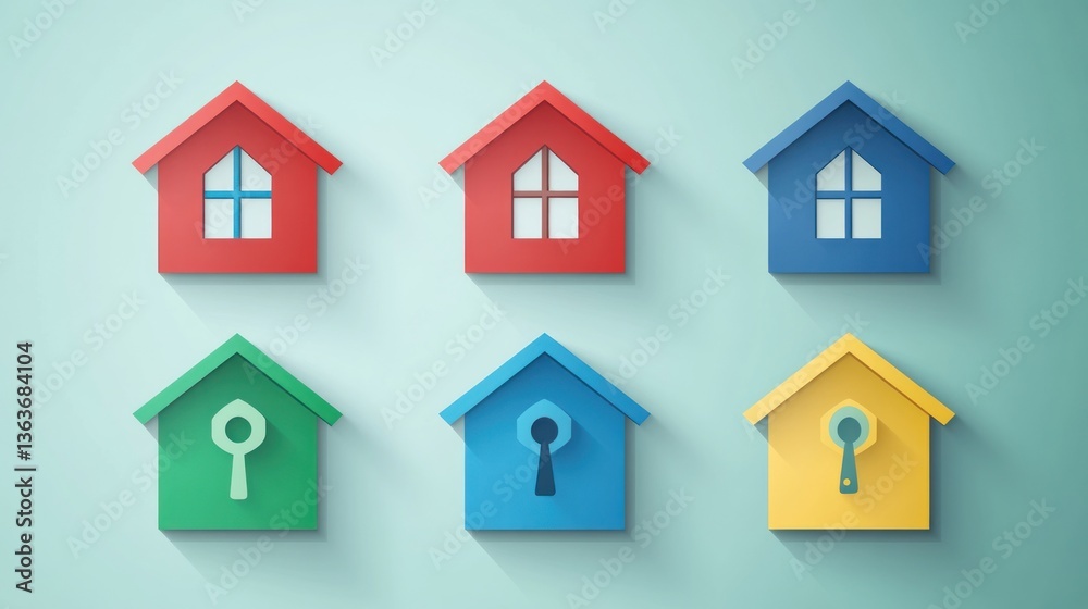 Colorful house icons, keyhole detail, light blue background, real estate concept Colorful house icons, keyhole detail, light blue background, real estate concept