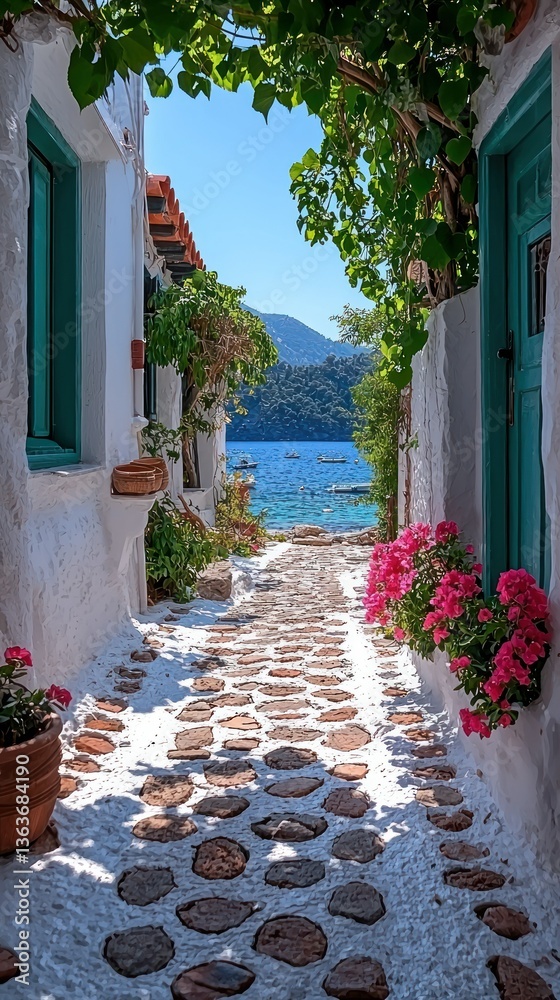 Naklejka premium Idyllic Coastal Village Pathway: A sun-drenched cobblestone path leads to a stunning coastal view, framed by charming whitewashed houses and vibrant flowers.
