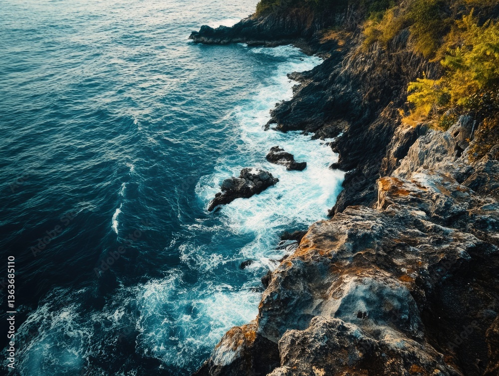 Obraz premium Scenic coastal landscape with dramatic waves crashing against rugged cliffs and rocky outcrops.