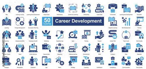 Career Development icon set in two color style, featuring 50 icons on training, skill growth, employee success, and career progression. Ideal for HR, education, and professional coaching.