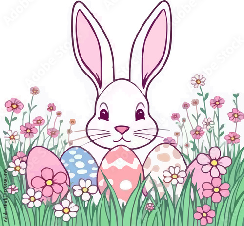 abstract illustration of happy easter eggs and bunnies flower writing