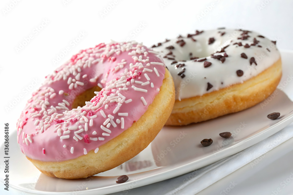 lose-up of two delicious doughnuts on a white plate against a clean white background. One donut is covered in glossy pink icing with white sugar sprinkles, while the other has a smooth white glaze .
