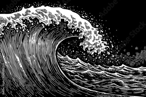 breaking black and white ocean wave falling down hand drawn sketch outline