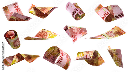 3D rendering of Set of 100000 indonesian rupiah notes flying in different angles and orientations isolated on transparent background. currency of United states
