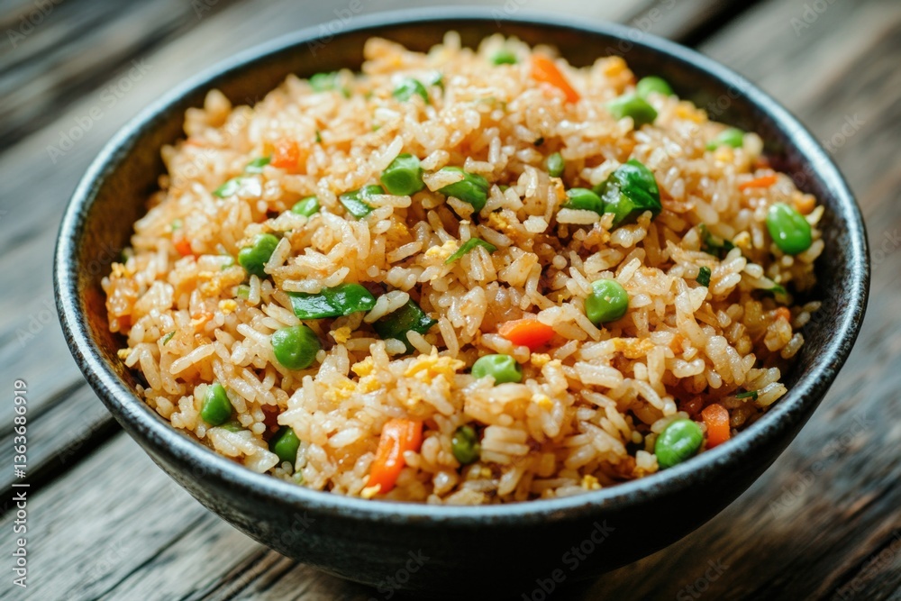 A hearty plate of fried rice with peas and carrots, served in a bowl on a table. This vegetable-packed meal is full of flavor and nutrition. A hearty plate of fried rice with peas and carrots, served in a bowl on a table. This vegetable-packed meal is full of flavor and nutrition.