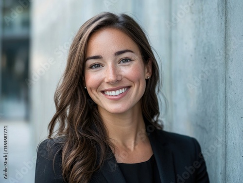Young businesswoman with long brown hair, wearing a black blazer and smiling brightly at the camera.