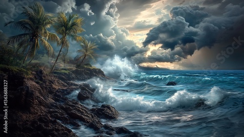 Dramatic storm cloud rolling over tropical coastline powerful ocean wave crashing against rugged rock Palm tree bend slightly wind creating dynamic atmospheric composition interplay of light shadow