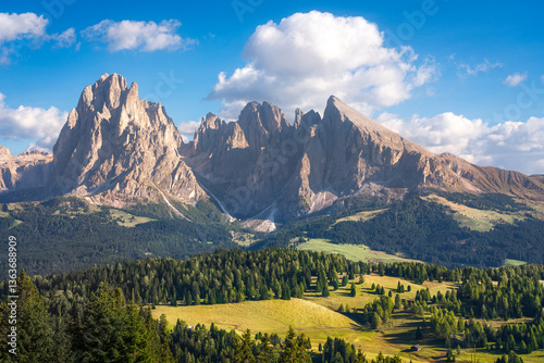 Alpe di Siusi or Seiser Alm and Sassolungo mountain, Dolomites Alps, Italy