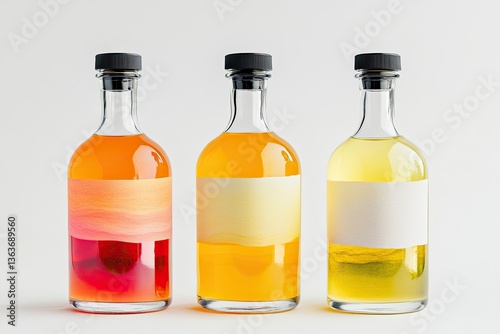 Wallpaper Mural Three clear glass bottles with colorful liquids and blank labels Torontodigital.ca