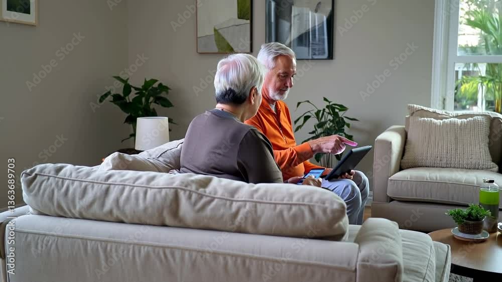 A man and woman are sitting on a couch looking at a tablet. The man is wearing an orange sweater A man and woman are sitting on a couch looking at a tablet. The man is wearing an orange sweater