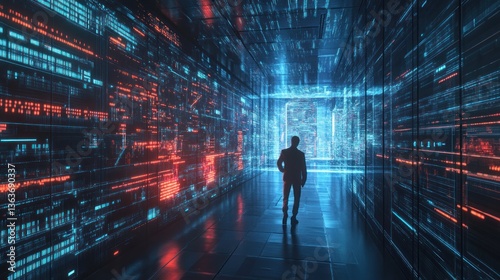 Wallpaper Mural Navigating Digital Realms: A Silhouette in a Glowing Technological Corridor Torontodigital.ca