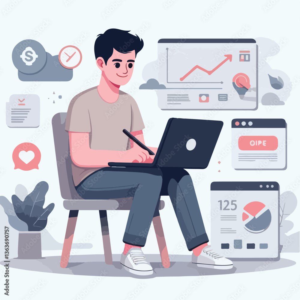 vector young man playing laptop 