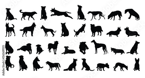 dog and puppy silhouette set. dog and puppy different breed. greyhound, pug, shepherd, French bulldog and others isolated farm animal silhouette icon vector collection