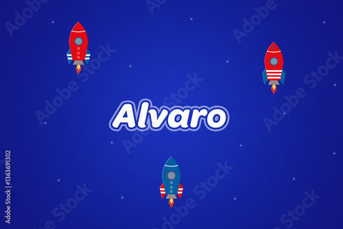 Alvaro male boy name illustration in blue with rockets. photo