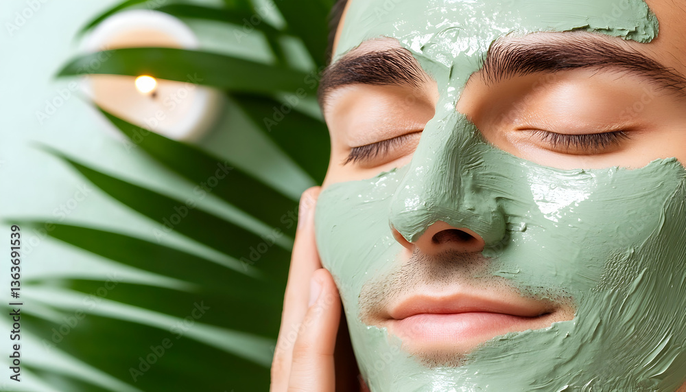 Relaxed man with a green facial mask, enjoying a spa treatment Relaxed man with a green facial mask, enjoying a spa treatment