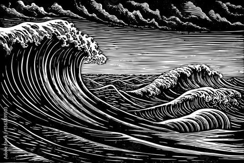 breaking black and white ocean wave falling down hand drawn sketch outline