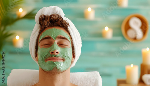 Relaxed young man with green facial mask at spa