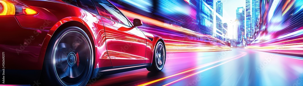 Dynamic red car speeding through urban nightscape Dynamic red car speeding through urban nightscape
