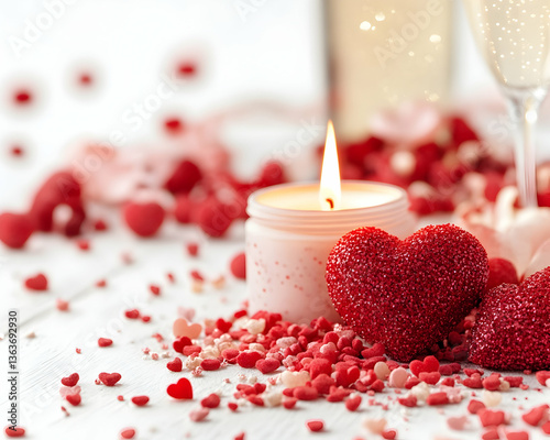 Romantic Valentine's Day scene with candle, hearts, and champagne