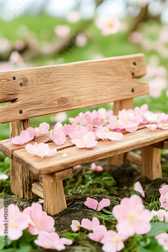 Rustic wooden bench adorned with delicate pink petals in a serene outdoor setting
