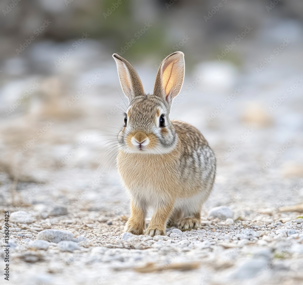 Close-up of Desert Cottontail Rabbit Standing on Gravelly Ground Looking Forward Close-up of Desert Cottontail Rabbit Standing on Gravelly Ground Looking Forward