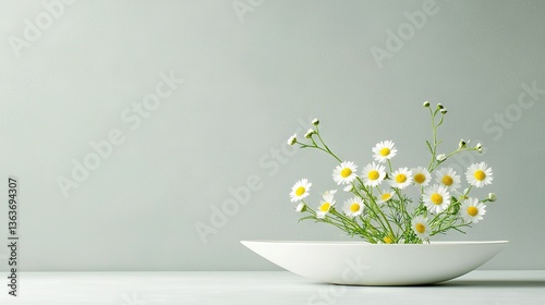   A white bowl filled with daisies on a white table against a gray wall