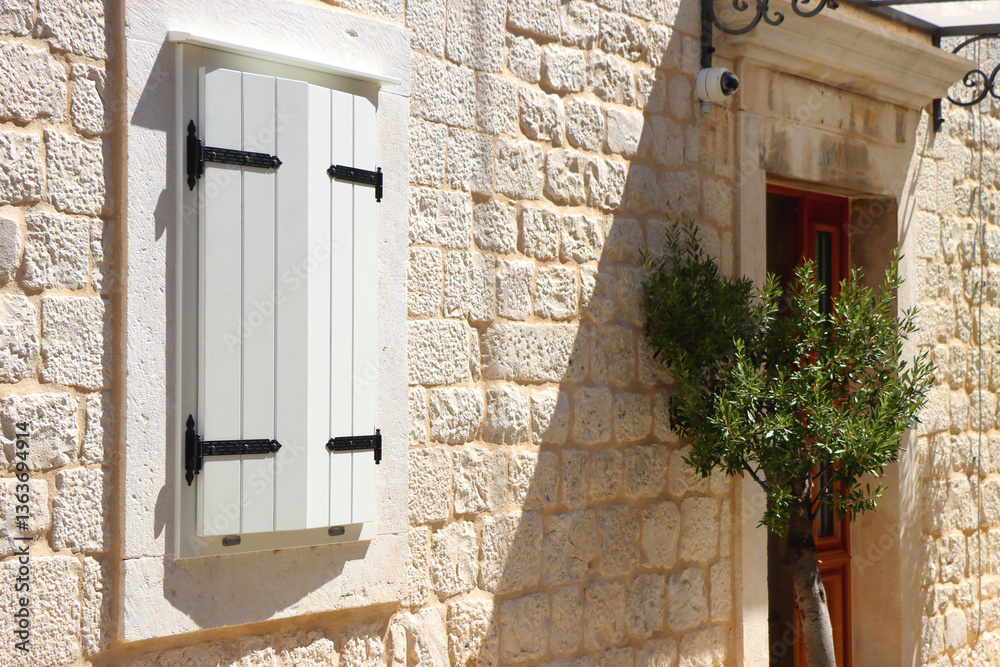 Traditional Mediterranean architectural details in Trogir, Croatia.