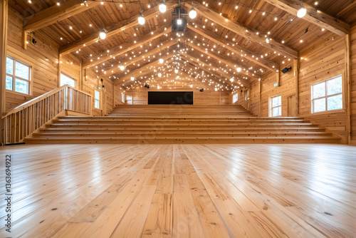 Rustic wooden hall with tiered seating and string lights