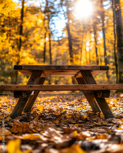 Rustic wooden picnic table in autumnal forest