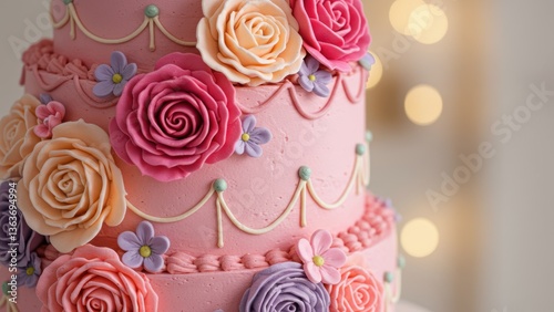 Close-up of a beautifully decorated pink tiered cake with buttercream roses.