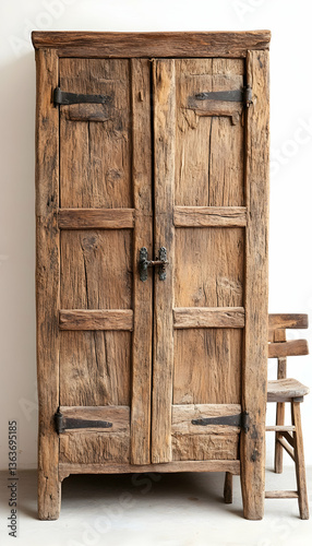 Rustic wooden wardrobe with dark metal hardware and a small wooden stool beside it