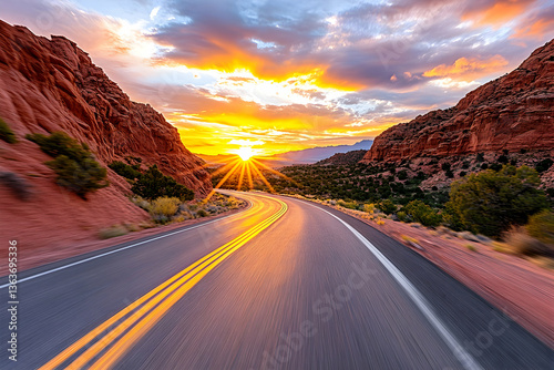 Scenic highway winding through red rock canyon at sunset
