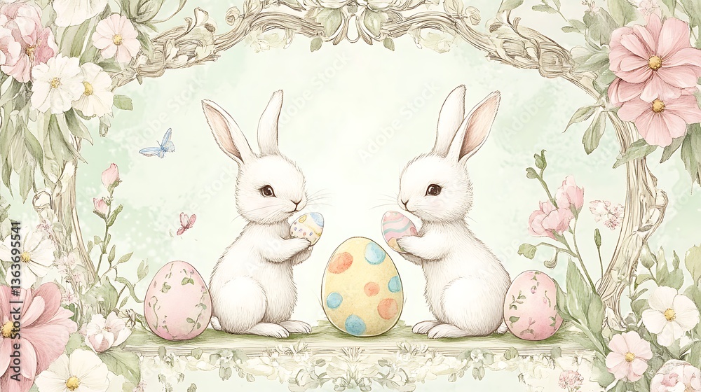 Obraz premium Easter Bunnies Eggs Spring Floral. (4)