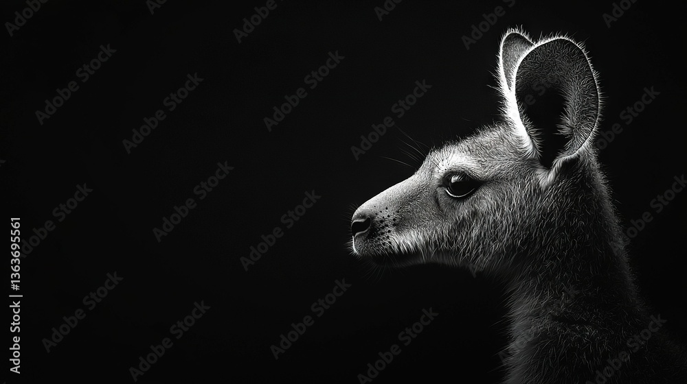 Obraz premium A monochrome portrait of a kangaroo's face illuminated from the side, set against a dark background