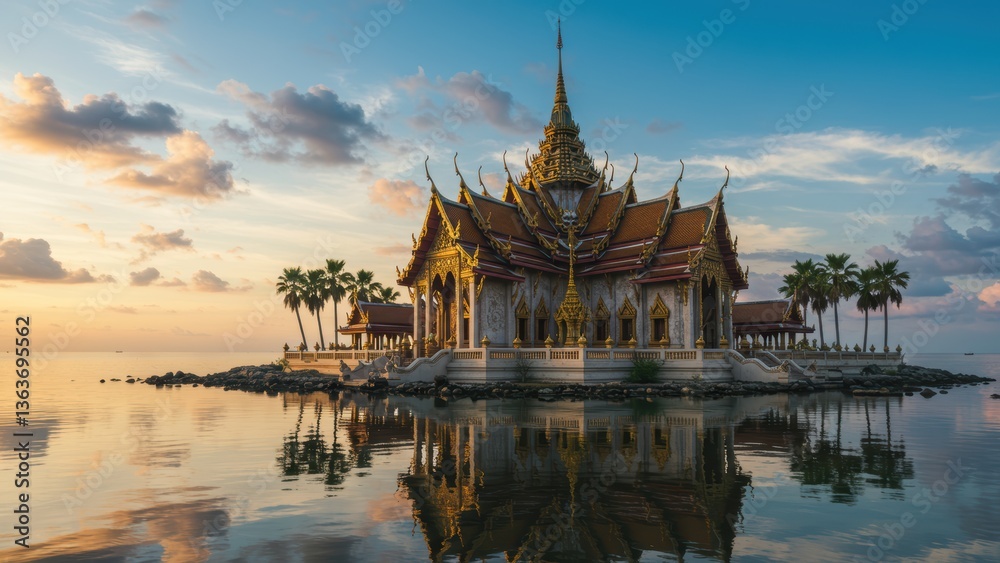 Naklejka premium Ornate temple with golden details reflected in calm water at sunrise.