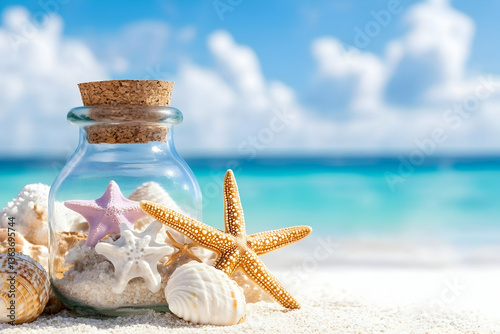 Seashells and starfish in a glass jar on a sunny beach
