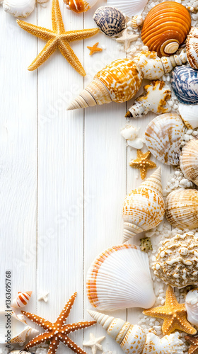 Seashells and starfish border on white wood (1)
