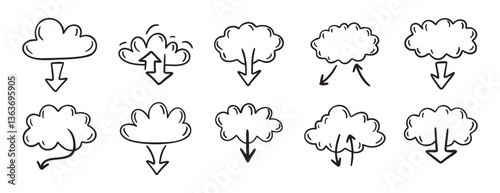 data server cloud with arrow for internet database, digital storage doodle hand drawn icon set. Outline drawing data server cloud line clipart symbol collection