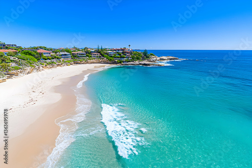 Secluded cove with pristine white sand beach, turquoise water, and upscale homes on hillside