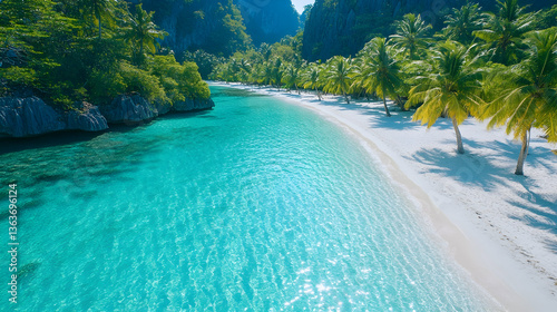 Secluded tropical beach with crystal-clear turquoise water, white sand, and palm trees lining the shore, nestled within dramatic limestone cliffs