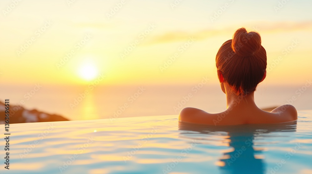 Serene Woman Relaxing in Infinity Pool at Sunset Ocean View Tranquil Vacation Serene Woman Relaxing in Infinity Pool at Sunset Ocean View Tranquil Vacation